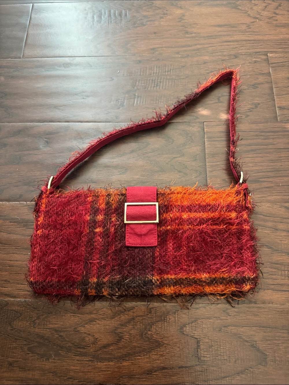 Textured Plaid Shoulder Bag in Red and Orange